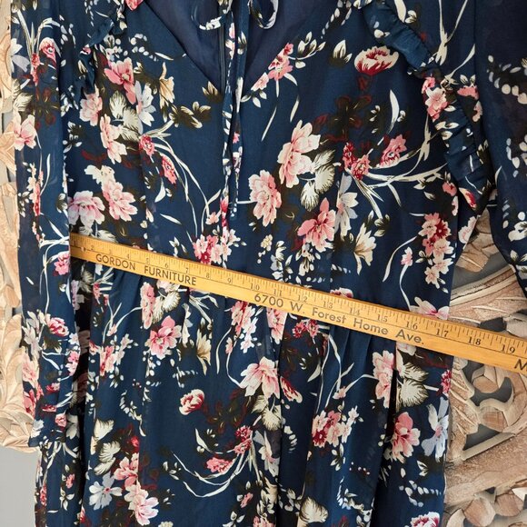 Boohoo Floral Dress Size 18 Blue Long Sleeve Tie Neck Ruffle A Line Cottage NWT - Picture 9 of 12